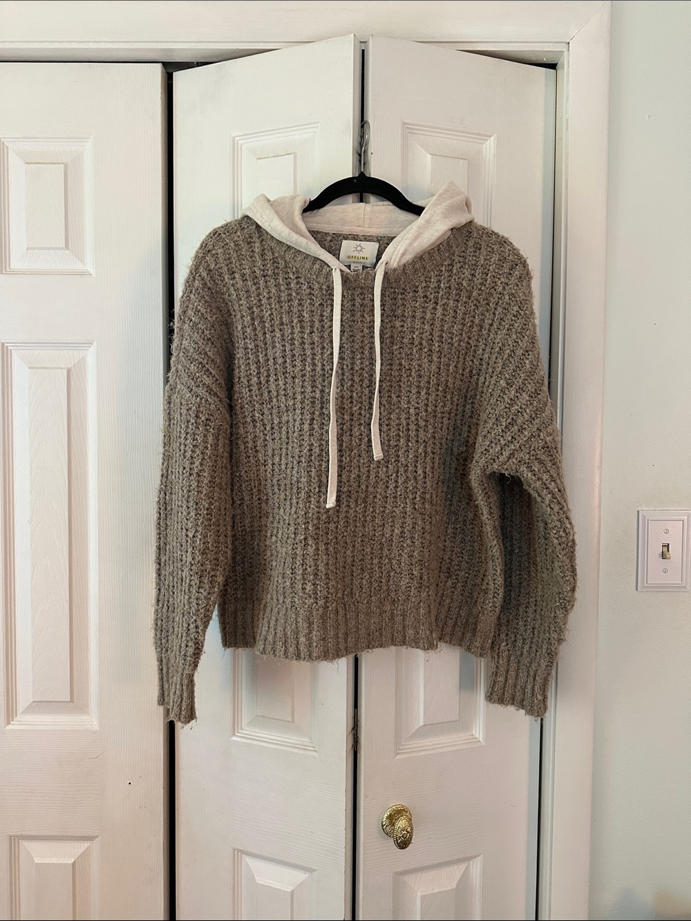 aerie Cozy Knit Hooded Sweater in Taupe with Cream Hood